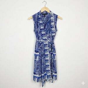 BCBGMAXAZRIA Idelle 100% Silk Wrap Dress Blue Paisley Mediterranean Print XS